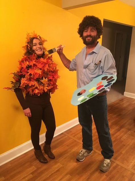 Bob Ross guys DIY Halloween costume idea Trunk Or Treat Couples Costumes, Bob Ross Halloween Costume, Halloween Costume Ideas For Guys, Clever Couple Costumes, Costume Ideas For Guys, Halloween Costume Ideas For Men, Bob Ross Costume, Beard Halloween Costumes, Costume Ideas For Men