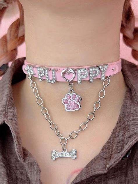 This price is for a choker only, others are not included.  Rhinestones letters "PUPPY" and paw design choker. Pink Collar Aesthetic, Demonia Outfit, Alt Decor, Kawaii Choker, Bone Choker, Puppy Girl, Puppy Time, Puppy Paw, Pink Choker