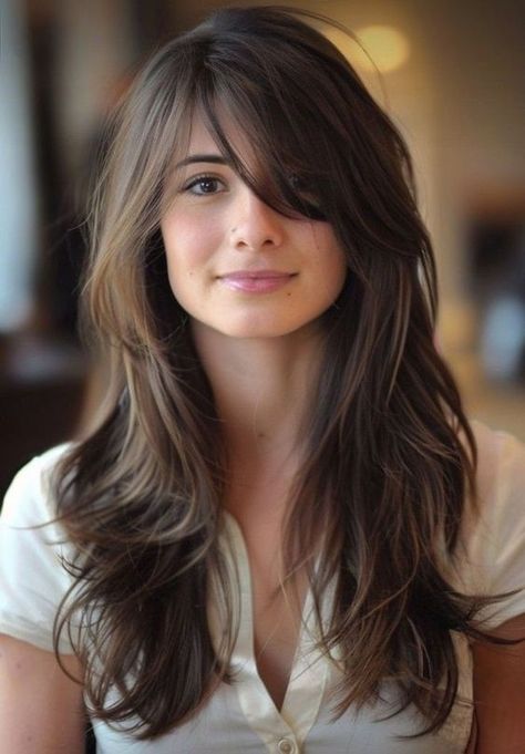 Layered Hair With Bangs Side Part, Oval Face Hair Cuts Women, Hair Cuts Ideas For Oval Shape Face, Oval Shape Haircut For Women, Long Layers Side Bangs, Hair Shaping, Haley Bennett, Layered Hair With Bangs, Brown Hair Looks