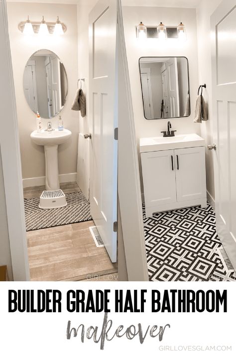 Updating a builder grade half bathroom can make a huge difference, without a big budget by changing fixtures and adding peel and stick tile. Half Bathroom Makeover On A Budget, Small Builder Grade Bathroom Remodel, Builder Grade Powder Room Makeover, Builder Grade Half Bathroom Makeover, Builder Grade Updates Bathroom, Builder Grade Updates Bathroom Master Bath, Upgrade Builder Grade Bathroom Mirror, Upgrade Builder Grade Bathroom, Builder Grade Bathroom Makeover