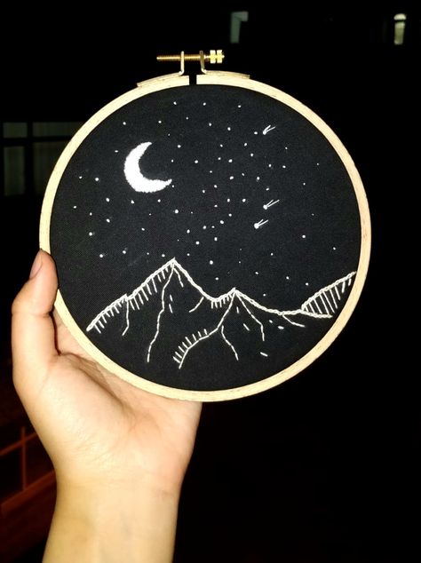 Night Sky Embroidery Pattern, Embroidery Night Sky, Black Background Embroidery, Night Sky Embroidery, Starry Night Embroidery, Embroidery On Black Fabric, Galaxy Embroidery, Night Embroidery, Stars Embroidery