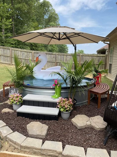 Backyard Diy Pool Ideas, Cute Stock Tank Pools, Stock Tank Pool Landscape Ideas, Backyard Stock Tank Pool Ideas, Stock Tank Pool Accessories, Deck Around Stock Tank Pool, Cowboy Pool Ideas, Boujee Backyard, Stock Tank Pool Landscaping