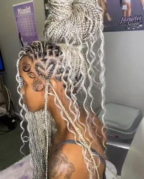 Braided Hairstyles Heart Shape, Heart Goddess Braids, Heart Shaped Braid Hairstyles, Singles With Heart Braids, Heart Shaped Hairstyles For Black Women, Heart Shaped Box Braids, Heart Boho Braids, Grey Goddess Braids, Boho Knotless Braids With Heart