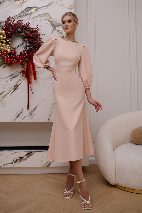 Exude understated charm in the Beige Backless Puff Sleeve Midi Dress by ELAGIA, where the fusion of a captivating backless design and graceful puff sleeves creates an ensemble synonymous with timeless sophistication. #beigedress #backlessdress #puffsleeves #mididress #eveningwear #fashion #style #sophistication #dresslover Elegant Dresses Classy Chic, Civil Dress, Trendy Date Night Outfit, Date Night Outfit Ideas, Bride Dress Simple, Classy Gowns, Casual Work Dresses, Mini Prom Dresses, Puff Sleeve Midi Dress