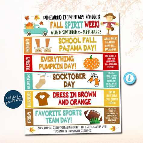 "This cute and fun daily/weekly fall spirit week itinerary calendar is a great way for kids to show their positive autumn cheer during the fall season! You can print and send home with families and/or upload digitally to send out to families/students. WANT THE BUNDLED SET OF ALL 10 HOLIDAY/SEASONAL SPIRIT WEEK TEMPLATES? FIND IT HERE: https://www.etsy.com/listing/1514818447/school-spirit-week-bundle-set-seasonal?click_key=16c9a6bd95f1b74d7898af7b6fca5ba5bc6f6cc4%3A1514818447&click_sum=ed9f59a1&r Dress Up Days For School Spirit Weeks, Dress Up Days For School, Fall Spirit Week, Spirit Weeks, Dress Up Days, School Spirit Week, Spirit Days, Fall Planner, Wednesday Dress