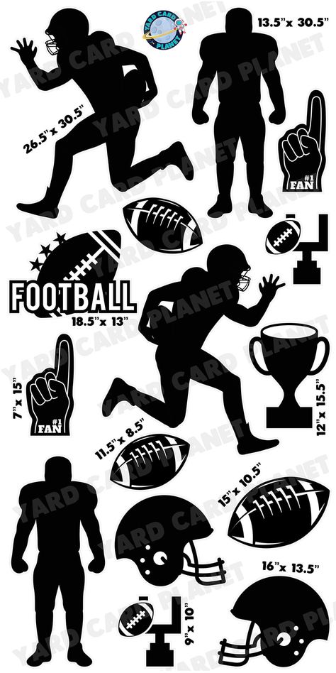 TOUCHDOWN!!! Score the winning touchdown and become the Super Bowl Champion every time with our Football Silhouette Yard Card Flair Set. It's the perfect addition to any lawn sign display for all football lovers, young and old. You will receive 15 lawn signs, professionally printed, precision cut and ready to stake in various sizes shown below. Yard Signs in this set measure as follows: Silhouette Football Player Running (2) = 26.5" x 30.5"Silhouette Football Player Standing (2) = 13.5" x 30.5"# Football Sillouhette, Football Yard Signs, Football Printables, American Flag Football, Football Roster, Football Silhouette, Football Banquet, Football Clipart, Football Drawing