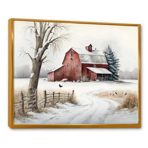 The Holiday Aisle® Giachetti Winter Birds Framed On Canvas Print | Wayfair Farm Wall Art, Traditional Wall Art, Ink On Canvas, Mural Floral, Farmhouse Country, Gold Picture Frames, Red Barn, Canvas Wall Art Set, Colorful Landscape