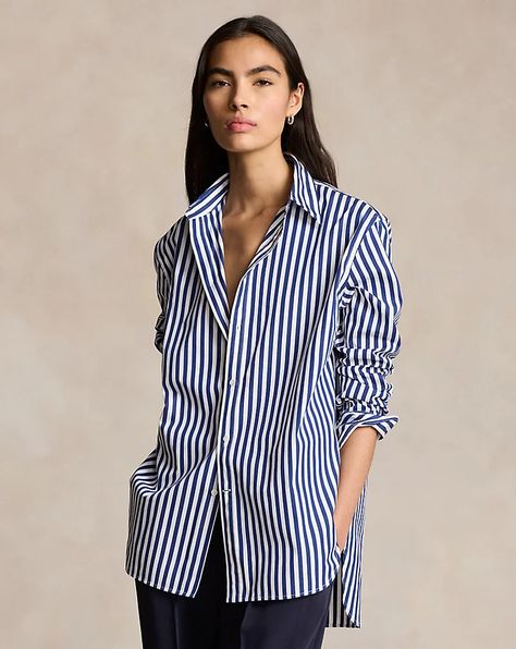 Oversize Striped Stretch-Cotton Shirt | Ralph Lauren Dressy Shirts, Women Ralph Lauren, Polo Sport, Dress Slacks, Ralph Lauren Purple Label, Mein Style, Women Shirts Blouse, Short En Jean, Casual Clothing