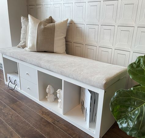 Custom Storage Bench, Cushion Bench Seat, Ikea Hallway Bench, Kallax Bench Hack, Hallway Seating Ideas, Kallax Window Seat, Ikea Kallax Bench, Window Seat Bedroom, Kallax Bench