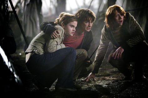 When Harry got protective of Hermione after they saw the Dark Mark at the Quidditch World Cup. Harmony Harry Potter, Film Harry Potter, Harry Porter, Harry And Hermione, Harry Potter Hermione Granger, Buku Harry Potter, Images Harry Potter, Harry Potter Tumblr, Golden Trio