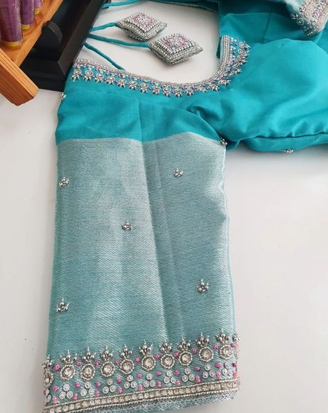 Blouse Work Designs Hand Work, Simple Silver Blouse Designs, Aari Work For Silver Zari Sarees, Light Blue Silk Saree Blouse Designs, Big Border Pattu Blouse Maggam Works, Simple Trendy Maggam Work Designs, Zari Work Embroidery Blouses, Silver Zari Aari Work Blouse Designs, Simple Silver Zari Aari Work Blouse