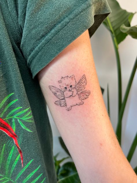 Cat Tattoo Coquette, Cat With Fairy Wings Tattoo, Cat Star Tattoo, Fairy Dog Tattoo, Fluffy Cat Tattoo, Cat Tribute Tattoo, Cat With Wings Tattoo, Cat Angel Tattoo, Fairy Cat Tattoo