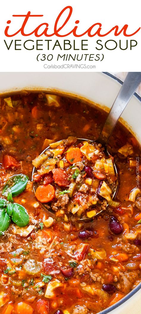 30 minute Italian Vegetable Soup – This is the BEST version I have tried – my family begs me to make this soup! hearty, comforting chunks of ground beef and veggies in an Italian spiced tomato broth - SO good and easy! Ground Beef And Veggies, Italian Vegetable Soup, Homemade Vegetable Beef Soup, Beef And Veggies, Soup Hearty, Vegetable Soup Healthy, Carlsbad Cravings, Tomato Broth, Italian Vegetables