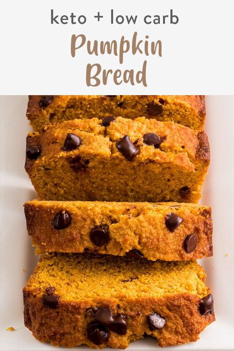 A delicious keto pumpkin bread recipe with real pumpkin and all your favorite pumpkin, fall spices at only 3g net carbs per slice! Made with almond flour and with the option of chocolate chips in an easy to make low carb dessert bread recipe. Keto Pumpkin Chocolate Chip Bread, Carbquik Pumpkin Bread, Keto Pumpkin Bread Almond Flour, Pumpkin Seed Nutrition, Low Carb Pumpkin Bread, What Is Pumpkin Spice, Keto Pumpkin Bread, Pumpkin Chocolate Chip Bread, Keto Menu