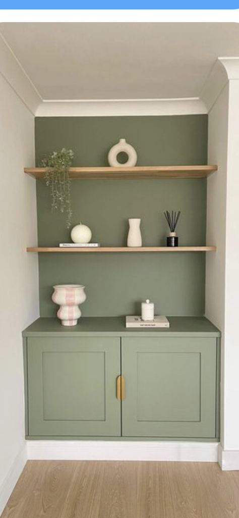 Sage Green Alcoves Living Room, Living Room Alcove Storage Ideas, Front Room Ideas 2023, Coloured Alcove Shelves, Tv Wall Alcove, Lounge Alcove Shelving Ideas, Built In Cupboard And Shelves Living Room, Front Room Alcove Ideas, Living Room Designs Alcove