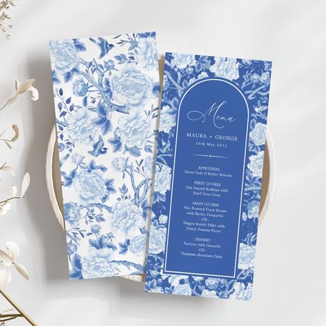 Blue Chinoiserie Floral Porcelain Menu Card.#WeddingInvitations #WeddingStationery #Invitation #WeddingPlanning #CustomInvitations Chinoiserie Party, Chinoiserie Garden, 1000 Wedding, Chinoiserie Wedding, Greek Party, Baby Brunch, Wedgewood Wedding, Blue Chinoiserie, Blue And White Chinoiserie