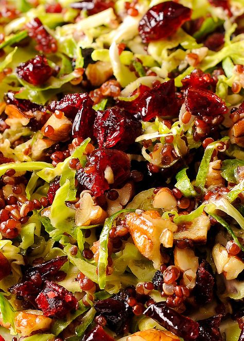 Warm Quinoa and Brussels Sprout Salad in Honey Mustard Vinaigrette Packed Salad, Shaved Brussel Sprouts, Brussels Sprout Salad, Cook Quinoa, Mustard Vinaigrette, Sprout Salad, Honey Mustard Vinaigrette, Quinoa Salat, Red Quinoa