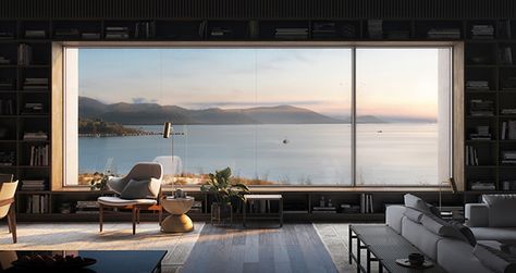 Da Nang Challenge - Full CGI | architecture, view, living room Window Seat Design, Home Library Design, Glass Doors Interior, Design Del Prodotto, A Living Room, Home Library, Da Nang, Window Seat, Bay Window