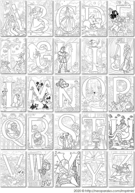 Diy Disney Art, Disney Mandala Coloring Pages, Disney Alphabet Coloring Pages, Coloring Books Disney, Disney Drawing Ideas, Mandala Disney, Letras Disney, Disney Adult Coloring Books, Disney Coloring Pages Printables