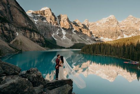 Daring Wanderer | Toronto Wedding Photographer Moraine Lake Wedding, Blue Lace Wedding Dress, Banff Photography, Lake Engagement Photos, Banff Wedding, Lake Engagement, Canada Destinations, Moraine Lake, Elopement Photos