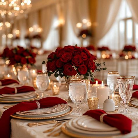 How Red and White Wedding Theme Brings Romance to Life • 333+ Inspiring Lifestyle Ideas Red White Gold Table Setting, December Wedding Theme Ideas, Gold White Red Wedding, Maroon Wedding Theme Table Settings, Red And White Theme Wedding, Diy Red Rose Centerpiece, Red Decor Wedding Reception Ideas, Maroon White And Gold Wedding, Wine Red Color Palette Wedding