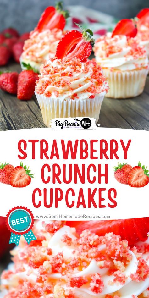 EASY STRAWBERRY CRUNCH CUPCAKES Strawberry Crumb Cupcakes, Strawberry Sundae Cupcakes, Strawberry Oreo Cupcakes, Strawberry Crunch Mini Loaf Cake, Strawberry Shortcake Cupcakes Recipe, Strawberry Cupcake Ideas, Strawberry Crumble Cupcakes, Stuffed Cupcake Recipes, Strawberry Crunch Banana Pudding