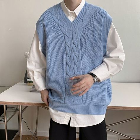 Joior Korean Sweater Vest Men's Fashion Solid Color V-neck Knitted Pullover Men Streetwear Loose Au