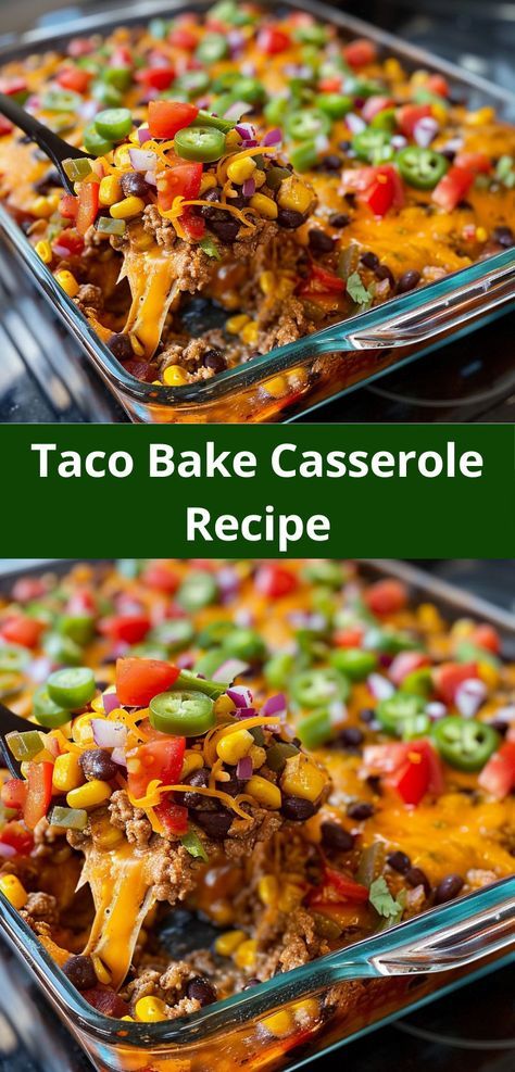 Easy-to-make taco bake casserole for a savory and filling family dish. Taco Bake Recipes Easy, Quick Easy Taco Meals, Casseroles Easy Quick, Quick And Easy Casserole Dinners, Quick Delicious Casseroles, Casseroles With Ground Meat, Hamburg, Deep Dish Taco Casserole, Meals With Taco Meat Ground Beef