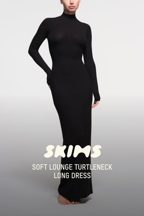 Every closet needs this dress. Featuring a chic turtleneck, this full-length number will take your wardrobe to the next level. Made with our viral slinky fabric that gives you the most flattering hourglass shape. Fits true to size. XXS-XL 2X-4X Length 56 1/2” 58” | SKIMS Turtleneck Long Dress | Black | 2XS | Soft Lounge Skims Turtleneck, Black Maxi Dress Style, Long Sleeve Dress Outfit, Black Turtleneck Dress, Long Dress Black, Closet Needs, Western Style Outfits, Hourglass Shape, Black Long Sleeve Dress