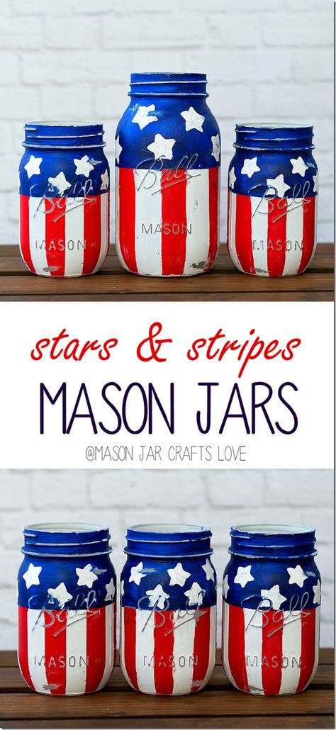 DIY Patriotic Mason Jars tutorial Patriotic Mason Jars, Crafts Love, Mason Jar Projects, Blue Mason Jars, Mason Jar Crafts Diy, Patriotic Crafts, Mason Jar Lighting, 4th Of July Decorations, Painted Mason Jars