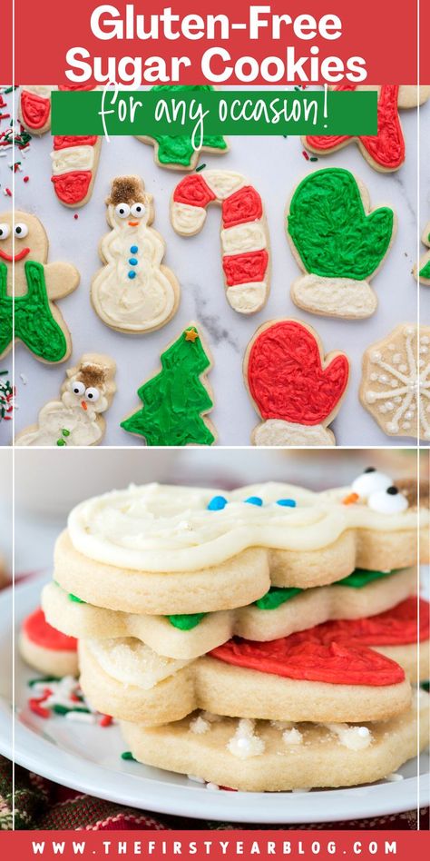 gluten free cut out sugar cookies pin with overlay text Gluten Free Christmas Baking, Dairy Free Sugar Cookies, Gluten Free Christmas Desserts, Gluten Free Christmas Cookies, Gluten Free Sugar Cookies, Gluten Free Holiday, Gluten Free Cookie Recipes, Gluten Free Christmas, Sans Gluten Sans Lactose