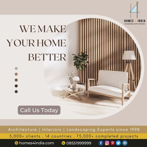 We make sure your interior design perfectly reflects your personality and your way of life. At Homes4India, we have been bringing joy and satisfaction to each of our 5,000+ clients since 1997, and we're still going strong. Call us today on 08551999999 or visit us at homes4india.com to explore our interior designs, architectural & landscaping services. #homedecor #homedesign #interiors #interiordesigner #architecture #landscaping #homes4india #homesforindia Cozy Interior Design, Real Estate Marketing Design, Creative Interior Design, Real Estates Design, Studio Interior Design, Studio Interior, Interior Design Companies, Cozy Interior, Decor Furniture