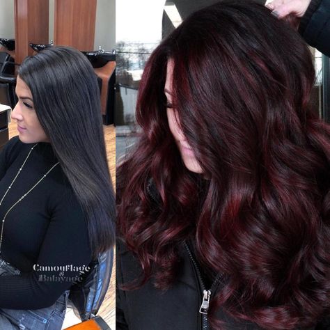 Black to Deep Burgundy Makeover Pelo Color Borgoña, Pelo Color Vino, Dark Burgundy Hair, Burgundy Balayage, Wine Hair Color, Maroon Hair, Black Red Hair, Dark Purple Hair, Moon Hair