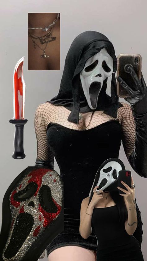 Cute Spooky Halloween Costume, Gost Face Costume, Hallowen Ideas Costume, Iconic Halloween Costumes Women Brunette, Ghost Face Halloween Costume Girl, Ghostface Costume Women, Girl Ghost Face, Scream Costumes, Ghost Face Costume Women