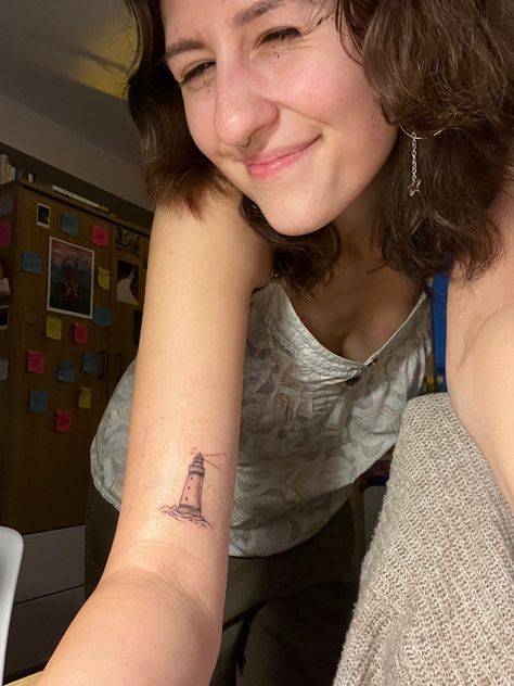 Mini Lighthouse Tattoo, Tattoo Ideas Lighthouse, Tiny Lighthouse Tattoo, Light House Tattoo Minimalist, Dainty Lighthouse Tattoo, Maine Inspired Tattoo, Fine Line Lighthouse Tattoo, Light Tower Tattoo, Lighthouse Tattoo For Women Small