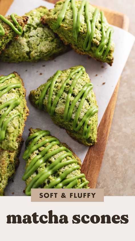 These matcha scones are soft and fluffy with crispy edges and sweet matcha icing on top. No dry or dense scones here! They're a fun matcha green tea twist on classic scones. #matcha #scones | teakandthyme.com Savory Matcha Recipes, Matcha Scones Recipe, Macha Dessert, Green Foods For Party, Matcha Icing, Matcha Gelato, Recipes With Matcha, Dairy Free Matcha, Matcha Recipe Baking