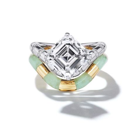 DYNE by Sarah Ysabel Narici on Instagram: "A special commission for a L&J. 
Custom set featuring an Asscher diamond set in white gold accented by diamonds, with matching wedding band in yellow gold and Icey-green Jade. 

The inclusion of Jade in this piece holds deep sentimental value, once belonging to L’s beloved grandmother, affectionately called ‘Popo’ in Chinese. Passed down to L with a moving story, these pieces honor her grandmothers legacy.

#dynejewellery #oneofone #Jade #engagementring" Jade Wedding Band, Jade Engagement Ring, Nontraditional Engagement Rings, Jade Wedding, Asscher Diamond, Vintage Engagement Rings Unique, Future Engagement Rings, Jade Ring, Matching Wedding Bands