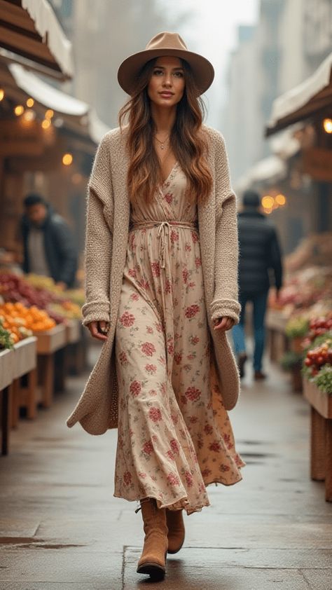 Woman in boho maxi dress at winter farmers market Blundstone With Dress Fall Outfits, Maxi Dresses With Boots, Rustic Fashion Women, Beth Dutton Style Outfits, Winter Farmers Market Outfit, Winter Farm Outfit, Montana Vacation Outfits, How To Style Maxi Skirts, Prairie Dress Outfit