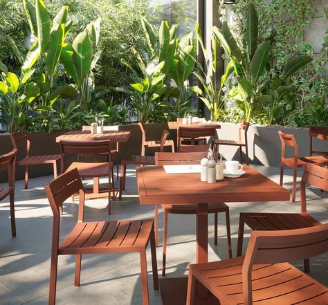 Modern Garden Furniture, Outdoor Cafe, Dining Lighting, Cafe Tables, Extruded Aluminum, Square Tables, Outdoor Tables, Side Chair, Outdoor Table