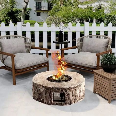 30-inch Faux Wood Concrete Propane Fire Pit - N/A - On Sale - Bed Bath & Beyond - 35109438 Small Paver Patio, Cozy Fire Pit Area, Cozy Fire Pit, Patio Plan, Outdoor Fire Pit Area, Cozy Backyard, Fire Pit Cover, Fire Pit Area, Fire Pit Designs