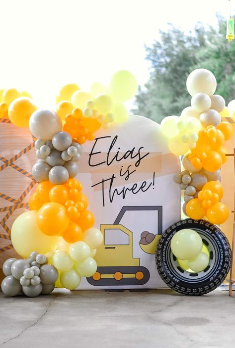 Diy Truck Birthday Decorations, Dig Being One Birthday, Big Trucks Birthday Party, Construction Theme Balloons, Muted Construction Birthday Party, Construction Birthday Backdrop, Kids Construction Cake, Construction Birthday Decor, Excavator Birthday Party