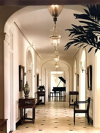 Splendid Sass: STUNNING HALLWAYS Elegant Hallway, Trim Lighting, Grand Hallway, Colonial Style Interior, Colonial House Interior, Hallway Entry, British Colonial Architecture, Trending Furniture, Hallway Walls