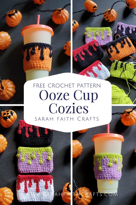 Halloween Crochet Coffee Cozy, Ooze Cup Cozies, Crochet Halloween Mug Cozy, Crochet Pumpkin Mug Cozy, Crochet Drip Pattern, Cute Things To Crochet For Halloween, Cup Coozie Crochet, Crochet Father's Day Gift Ideas, Spooky Gift Basket Ideas