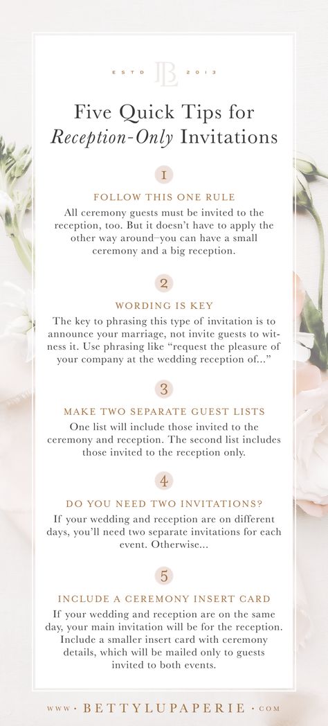 Wedding invitation wording for a reception only event can be tricky! The key to wording this type of invitation is to announce your marriage, not invite guests to witness it. Check out the full post for helpful wedding tips and wording samples! #weddinginvitations #weddinginvites #weddingtips #weddingplanning #weddingideas Invite Wording Wedding, Ceremony Only Invitation, Wedding Invitations Ceremony And Reception, After Wedding Reception Invitation, Wedding Invitation Separate Ceremony And Reception, Intimate Wedding Invite Wording, Separate Wedding And Reception Invites, Separate Wedding And Reception, Invitation For Reception Only