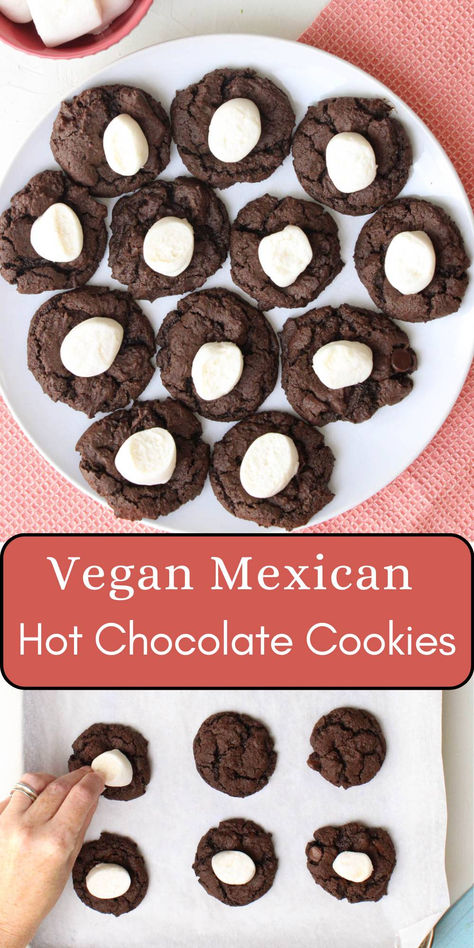 Plate of hot chocolate cookies with marshmallows and a pink napkin. Vegan Mexican Wedding Cookies, Vegan Mexican Hot Chocolate, Cookie Biscuits, Mexican Hot Chocolate Cookies, Vegan Christmas Desserts, Vegan Winter Recipes, Biscuits Recipes, Vegan Christmas Cookies, Hot Cocoa Cookies