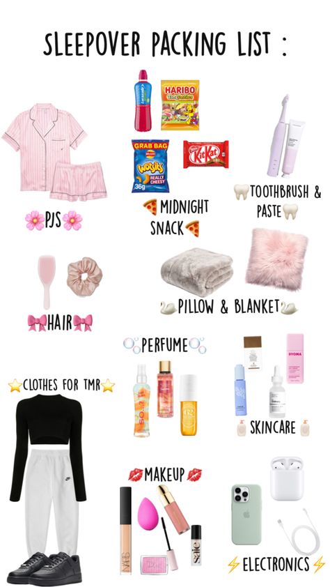 Sleepover Checklist, Sleepover Packing, Sleepover Packing List, Pidżama Party, Schul Survival Kits, Fun Sleepover Activities, Rutinitas Harian, Teen Sleepover Ideas, Sleepover Essentials