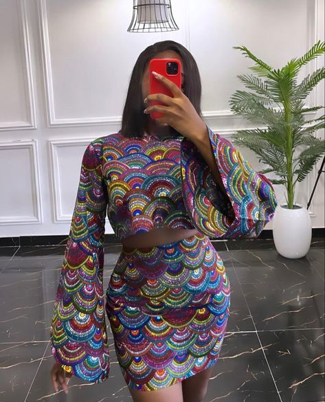 Ankara Skirt Styles High Waist Crop Tops, Ankara Top And Skirt Styles, Ankara Crop Top And Skirt High Waist, African Two Piece Outfit, Ankara Two Piece Outfit Skirt, Cute Ankara Tops, Short Skirt And Crop Top, Ankara Crop Top And Skirt, Ankara Top And Skirt