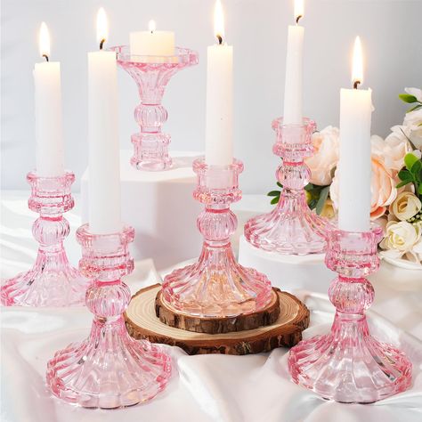 PRICES MAY VARY. Precise Size for Placement: these clear glass candle holders are designed with a top diameter of about 1.38 inches, a bottom diameter of about 3.03 inches, and a height of about 4.06 inches, they take up minimal space and are suitable for various occasions; Including 6 candleholders, they are enough to decorate your table Clear Design: the clear candle holders for table centerpiece are designed clear, which allows lights of candles to better show, ideal as table centerpieces to Pink Birthday Party For Adults, Bow Baby Shower Centerpieces, Wedding Shower Tablescapes, Loveshack Fancy Party, Simple Table Centerpieces For Party, Pink Centerpieces Birthday, Candle Sticks Decor, Tea Party Centerpiece Ideas, Coquette Party Decoration