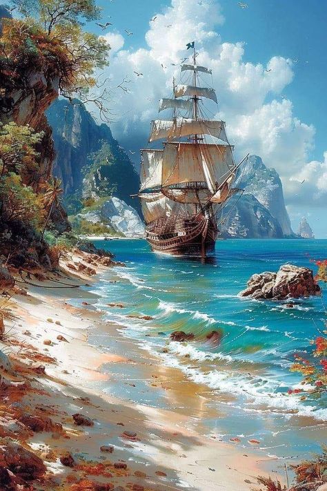 Sea And Ship Painting, Ocean Art Painting, Grafika Vintage, Navi A Vela, Sailing Art, Ship Paintings, Boat Art, Landscape Art Painting, Boat Painting