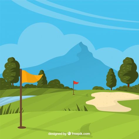 Golf course background in hand drawn style Free Vector Cartoon Golf Course, Golf Course Illustration, Golf Course Drawing, Sports Doodles, Golf Watercolor, Golf Illustration, Golf Drawing, Golf Quilt, Golf Graphic